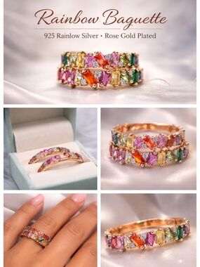 100% 925 Sterling Silver Adjustable Rainbow Baguette Ring, Rose Gold Finish
